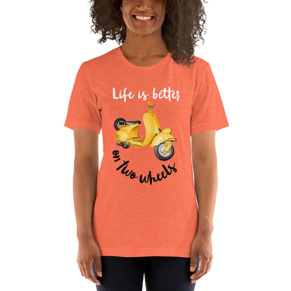 Fun Color Unisex t-shirt Travel Shirt, Wanderlust Tee, Life is Better on Two Wheels Yellow Scooter T-shirt, Adventure-Ready Cotton Shirt