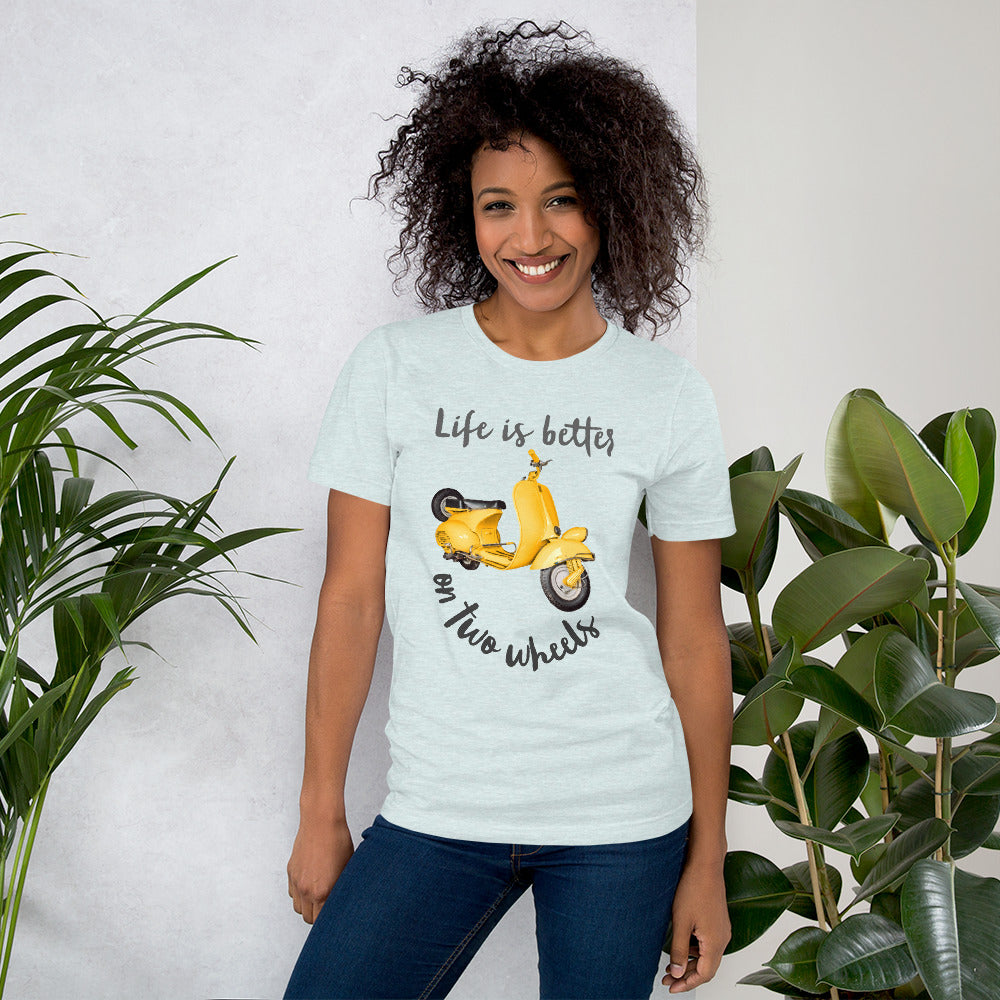 Light Colored Unisex t-shirt Travel Shirt, Wanderlust Tee, Life is Better on Two Wheels Yellow Scooter T-shirt, Adventure-Ready Cotton Shirt