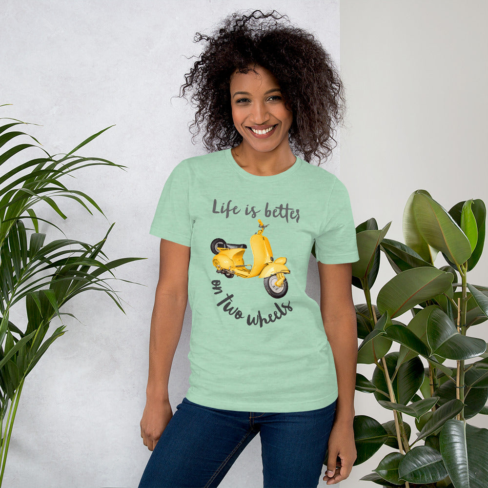 Light Colored Unisex t-shirt Travel Shirt, Wanderlust Tee, Life is Better on Two Wheels Yellow Scooter T-shirt, Adventure-Ready Cotton Shirt