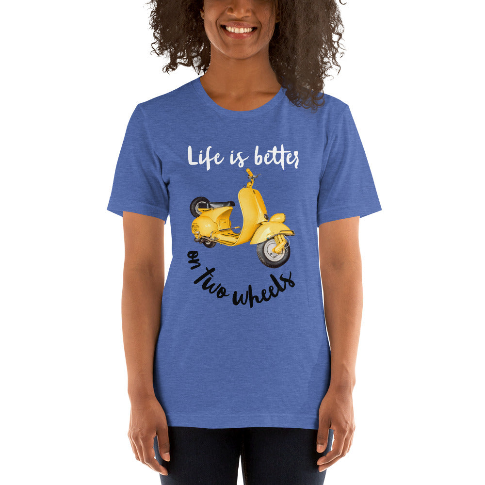 Fun Color Unisex t-shirt Travel Shirt, Wanderlust Tee, Life is Better on Two Wheels Yellow Scooter T-shirt, Adventure-Ready Cotton Shirt