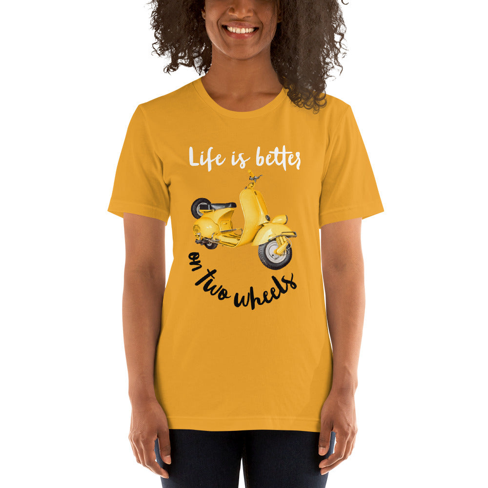 Fun Color Unisex t-shirt Travel Shirt, Wanderlust Tee, Life is Better on Two Wheels Yellow Scooter T-shirt, Adventure-Ready Cotton Shirt