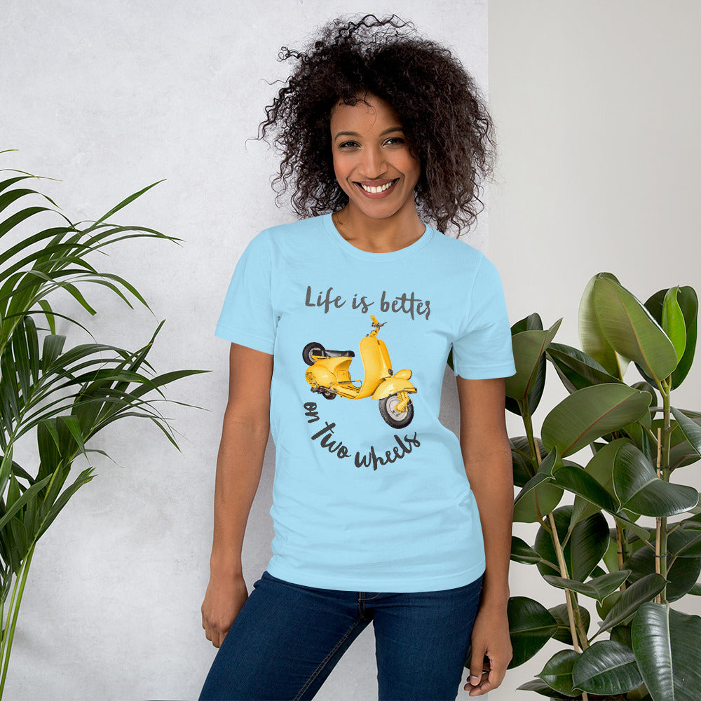 Light Colored Unisex t-shirt Travel Shirt, Wanderlust Tee, Life is Better on Two Wheels Yellow Scooter T-shirt, Adventure-Ready Cotton Shirt
