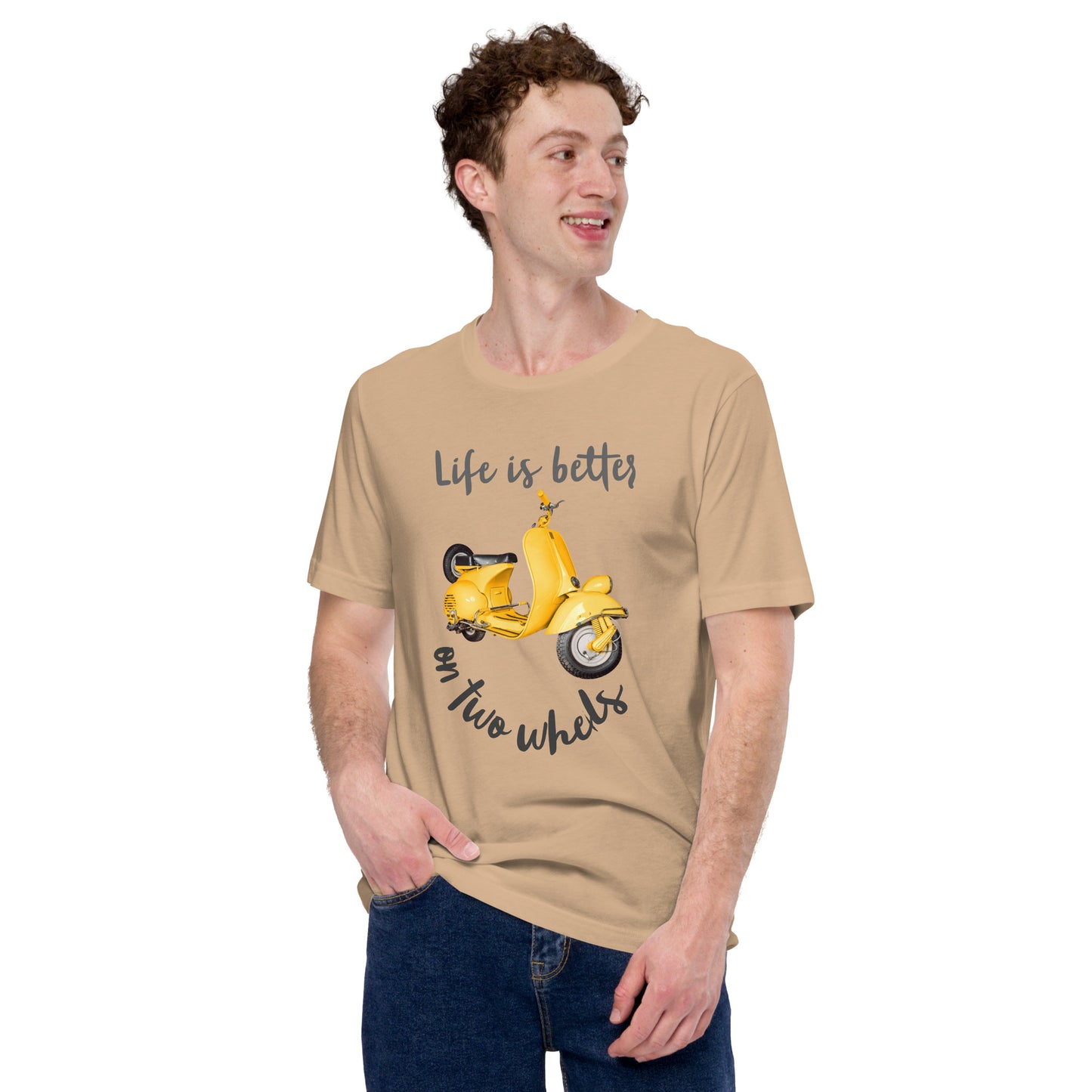Light Colored Unisex t-shirt Travel Shirt, Wanderlust Tee, Life is Better on Two Wheels Yellow Scooter T-shirt, Adventure-Ready Cotton Shirt