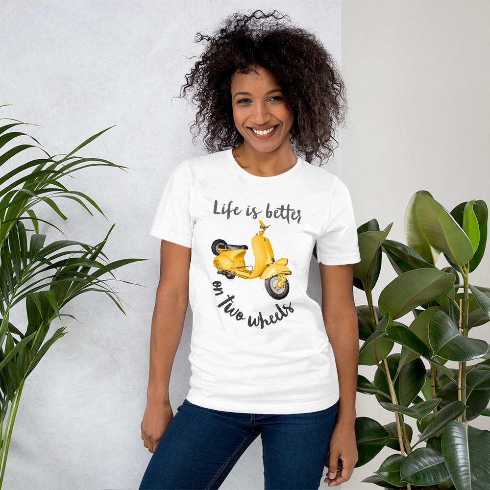 Light Colored Unisex t-shirt Travel Shirt, Wanderlust Tee, Life is Better on Two Wheels Yellow Scooter T-shirt, Adventure-Ready Cotton Shirt
