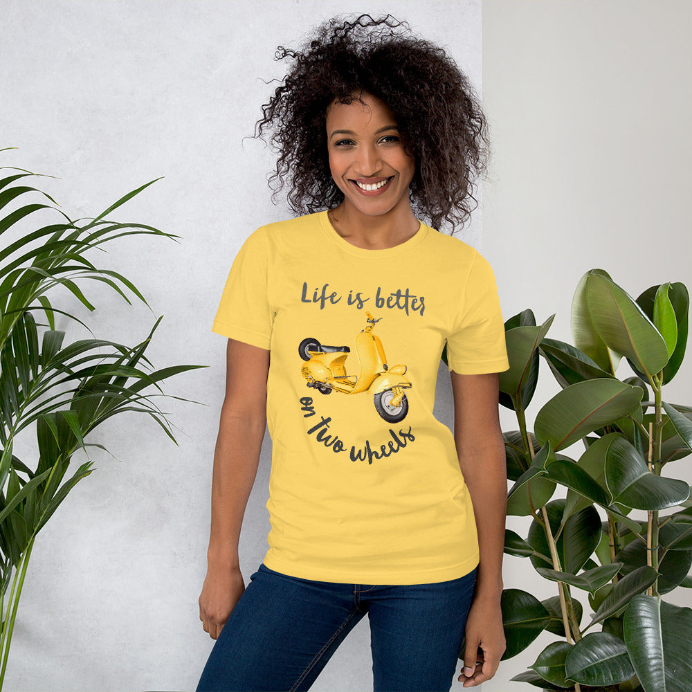 Light Colored Unisex t-shirt Travel Shirt, Wanderlust Tee, Life is Better on Two Wheels Yellow Scooter T-shirt, Adventure-Ready Cotton Shirt