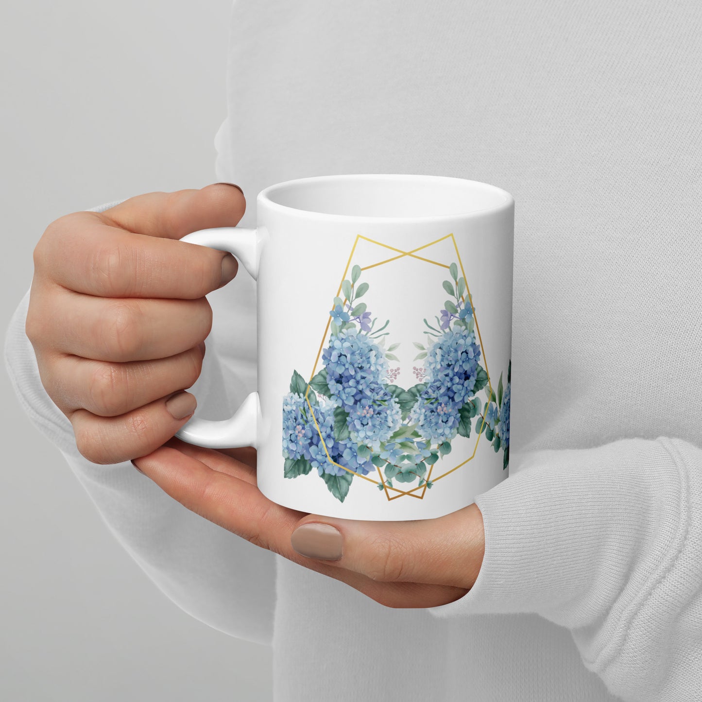 Hydrangea Flower White Glossy Mug, Beautiful Flower Mug, 11 oz mug, 15oz mug, Coffee Mug, Cup, Boho mug, Nature Mug, Flower Lover Gift, Tea