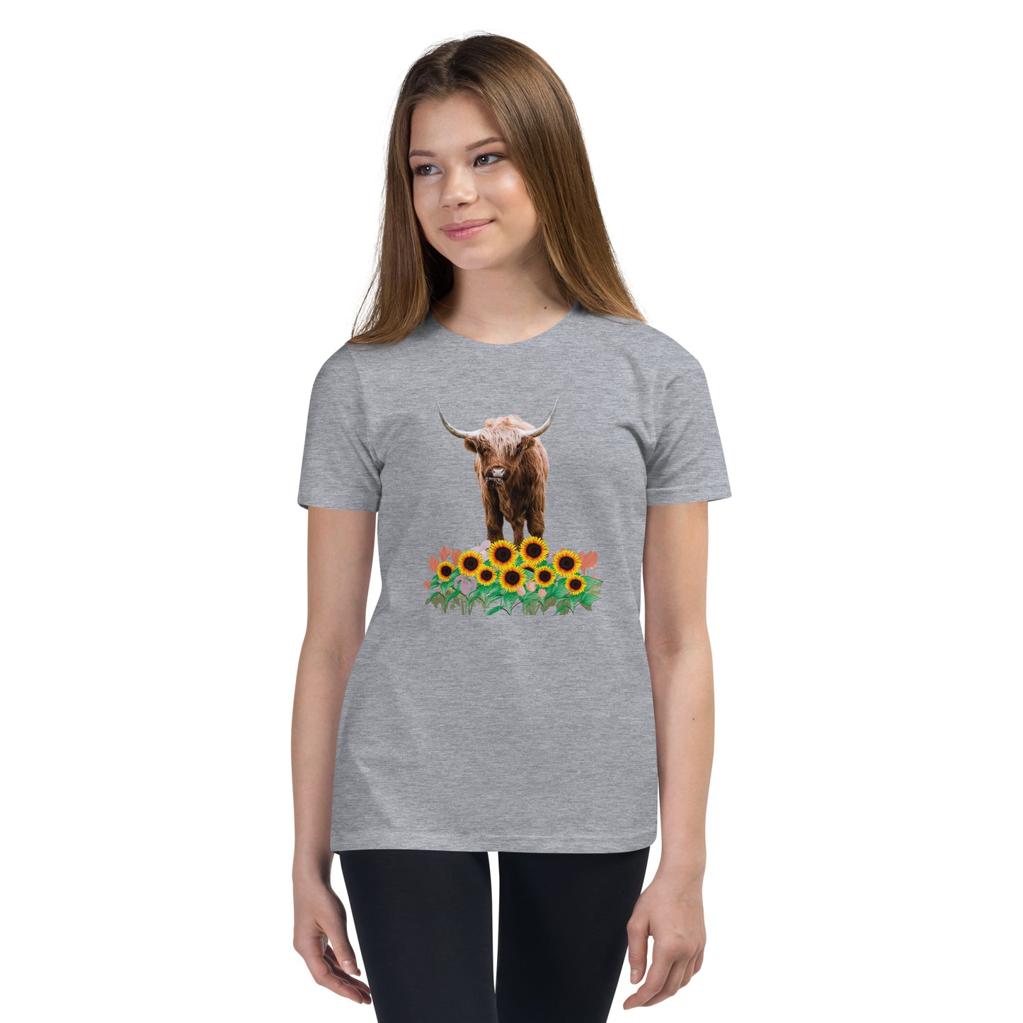 Young and Trendy: Stand Out with Highland Cow in Sunflower Field T-Shirts | Youth Short Sleeve T-Shirt