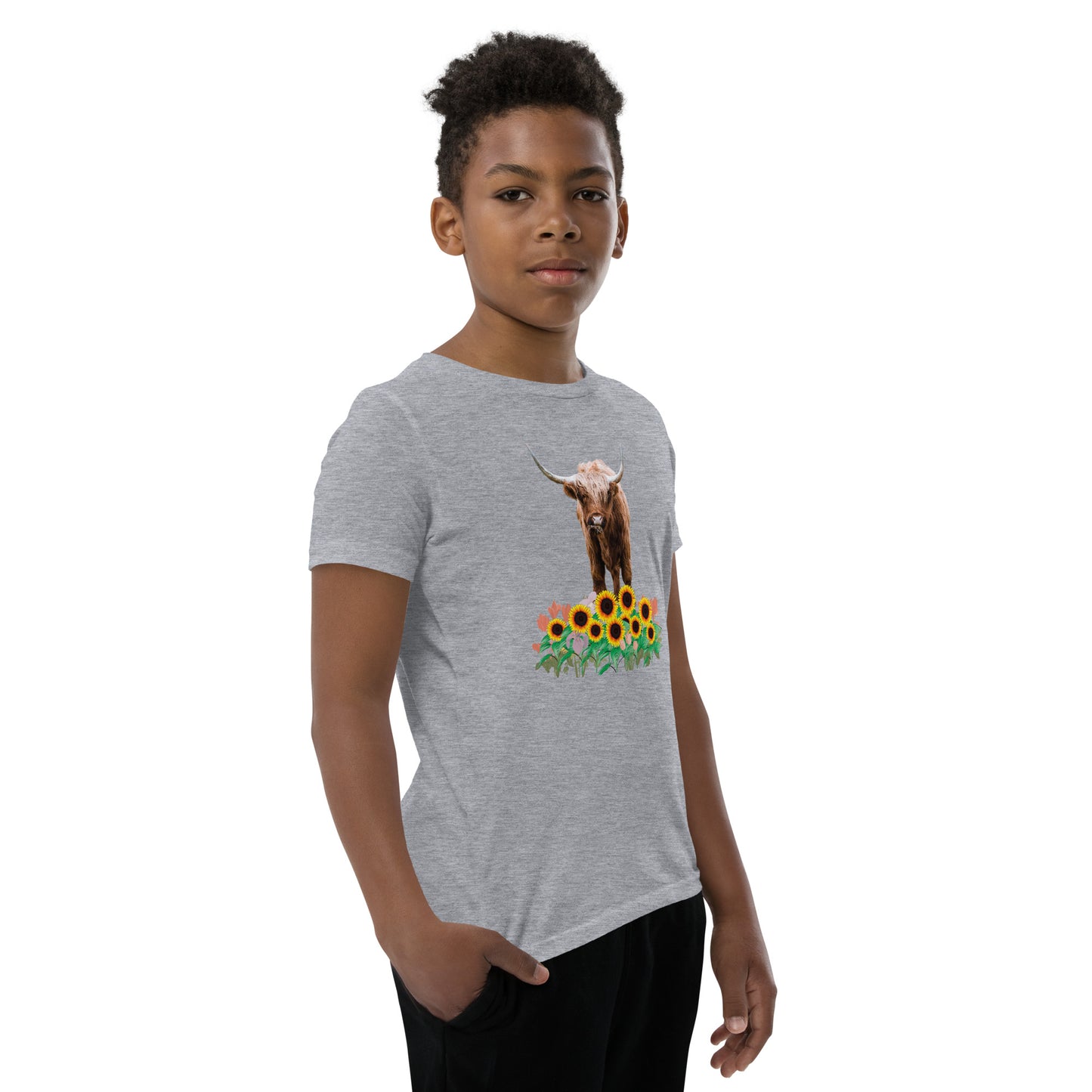 Young and Trendy: Stand Out with Highland Cow in Sunflower Field T-Shirts | Youth Short Sleeve T-Shirt