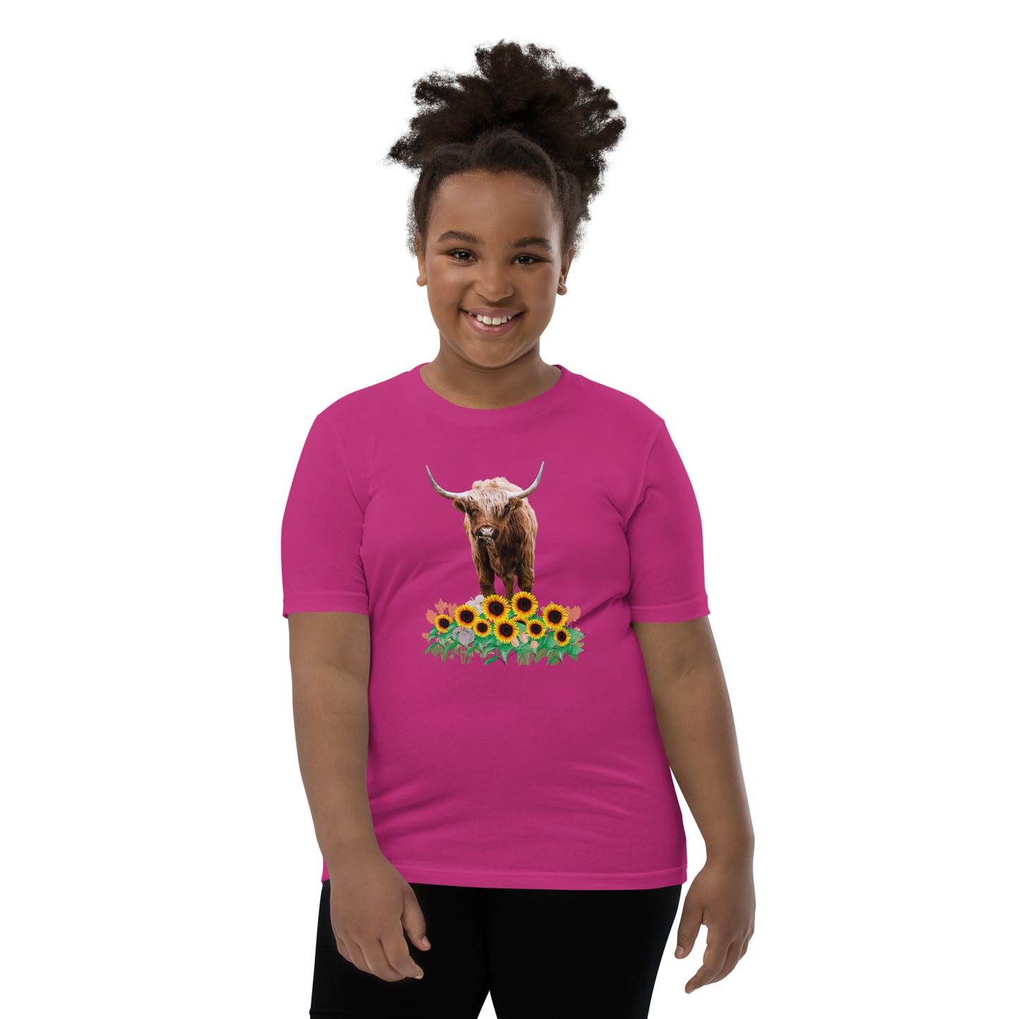 Young and Trendy: Stand Out with Highland Cow in Sunflower Field T-Shirts | Youth Short Sleeve T-Shirt