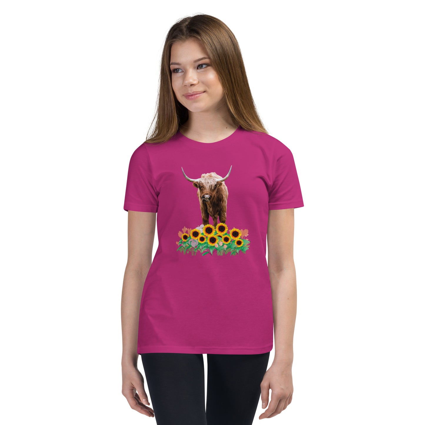 Young and Trendy: Stand Out with Highland Cow in Sunflower Field T-Shirts | Youth Short Sleeve T-Shirt