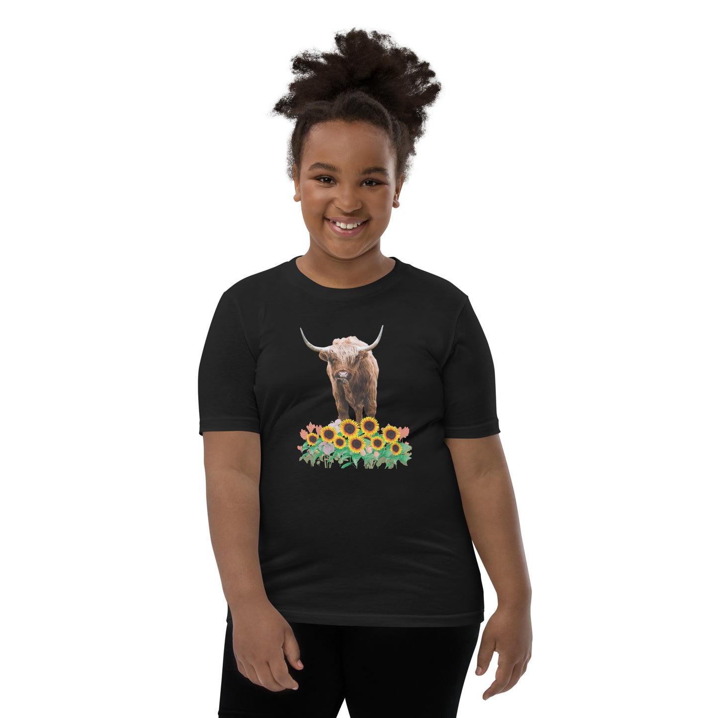 Young and Trendy: Stand Out with Highland Cow in Sunflower Field T-Shirts | Youth Short Sleeve T-Shirt