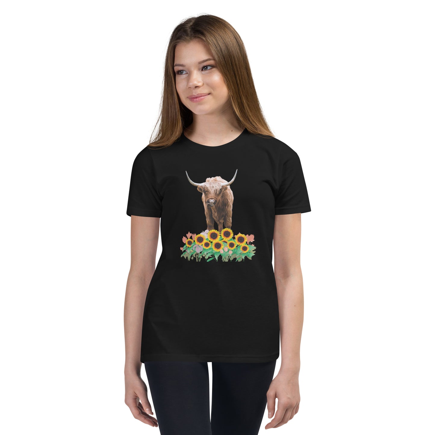 Young and Trendy: Stand Out with Highland Cow in Sunflower Field T-Shirts | Youth Short Sleeve T-Shirt
