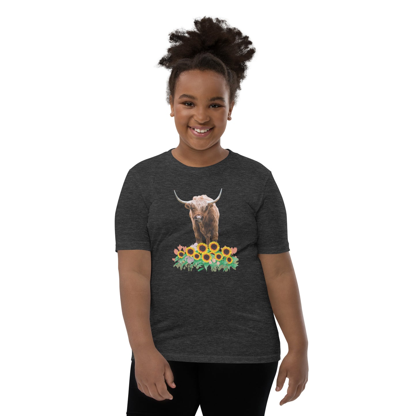 Young and Trendy: Stand Out with Highland Cow in Sunflower Field T-Shirts | Youth Short Sleeve T-Shirt