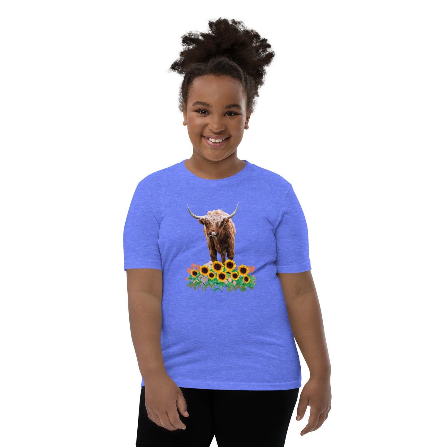 Young and Trendy: Stand Out with Highland Cow in Sunflower Field T-Shirts | Youth Short Sleeve T-Shirt