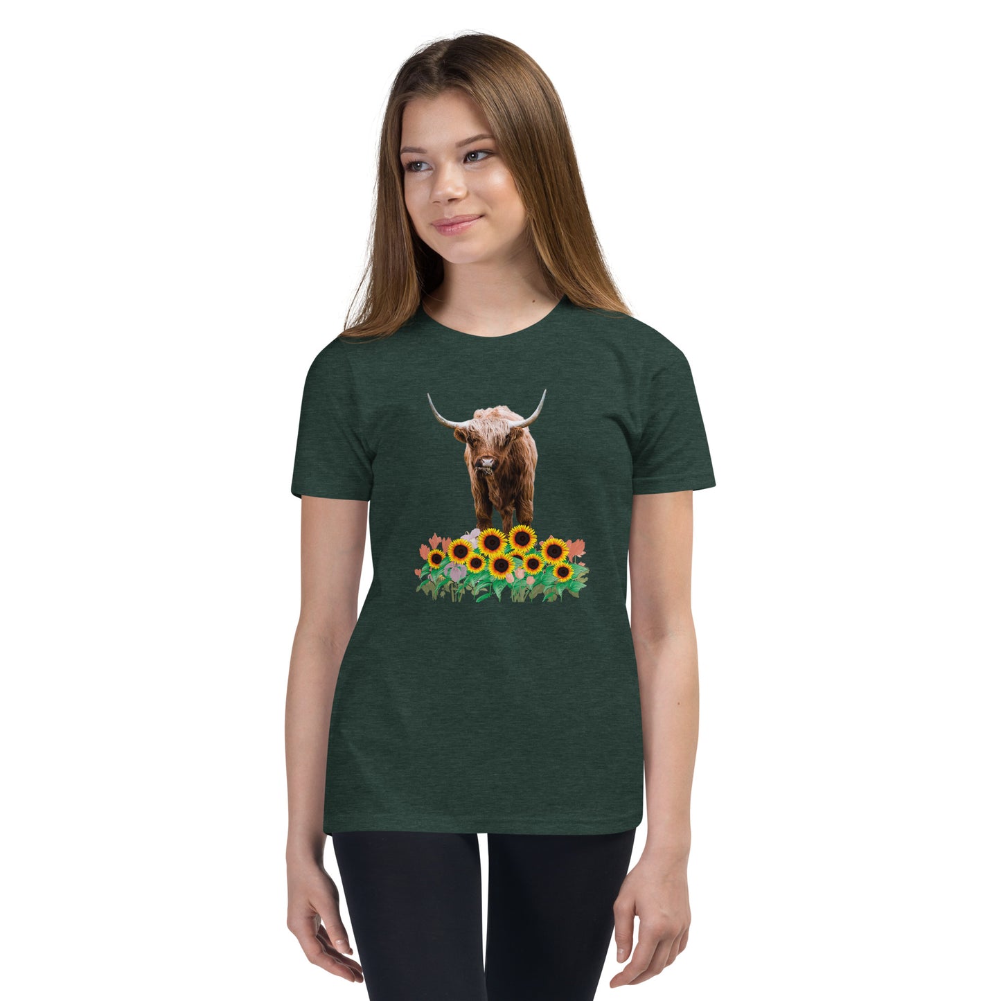 Young and Trendy: Stand Out with Highland Cow in Sunflower Field T-Shirts | Youth Short Sleeve T-Shirt