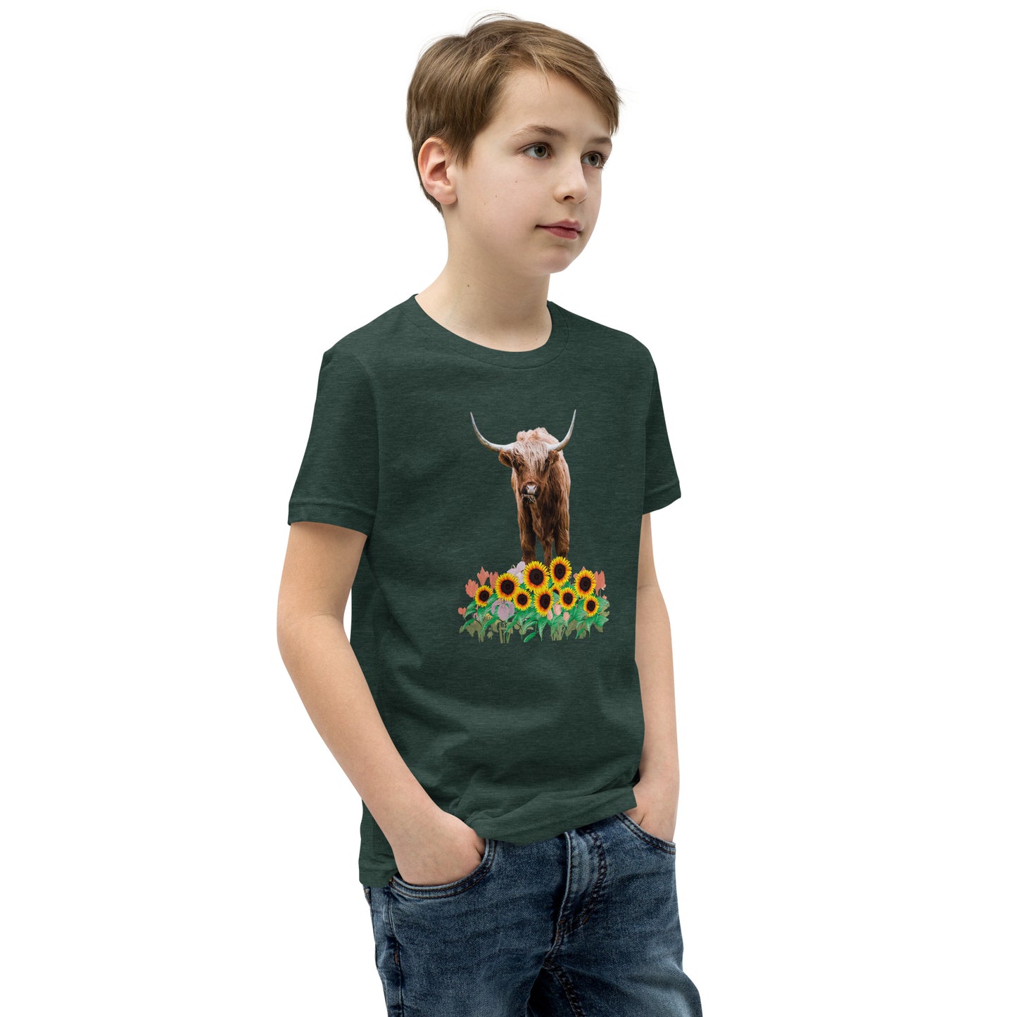 Young and Trendy: Stand Out with Highland Cow in Sunflower Field T-Shirts | Youth Short Sleeve T-Shirt