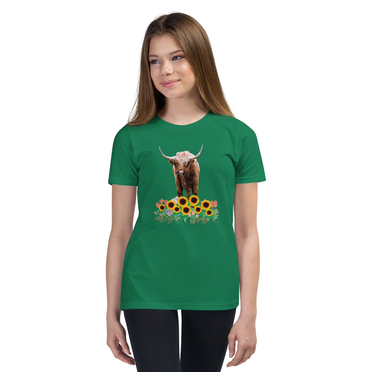 Young and Trendy: Stand Out with Highland Cow in Sunflower Field T-Shirts | Youth Short Sleeve T-Shirt