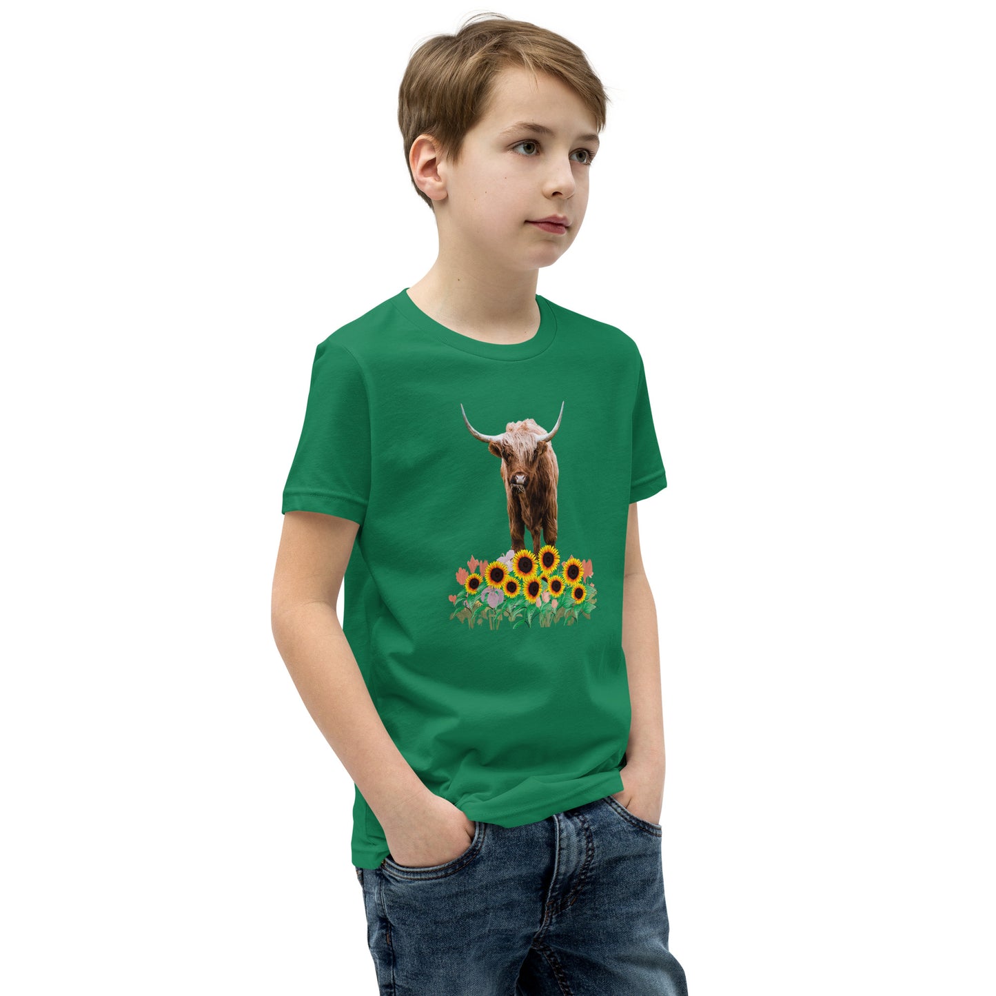 Young and Trendy: Stand Out with Highland Cow in Sunflower Field T-Shirts | Youth Short Sleeve T-Shirt