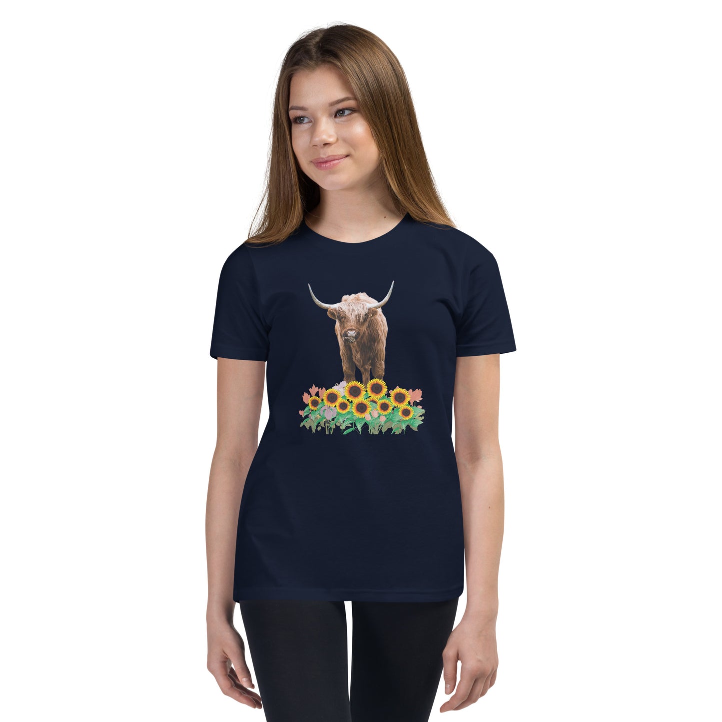Young and Trendy: Stand Out with Highland Cow in Sunflower Field T-Shirts | Youth Short Sleeve T-Shirt