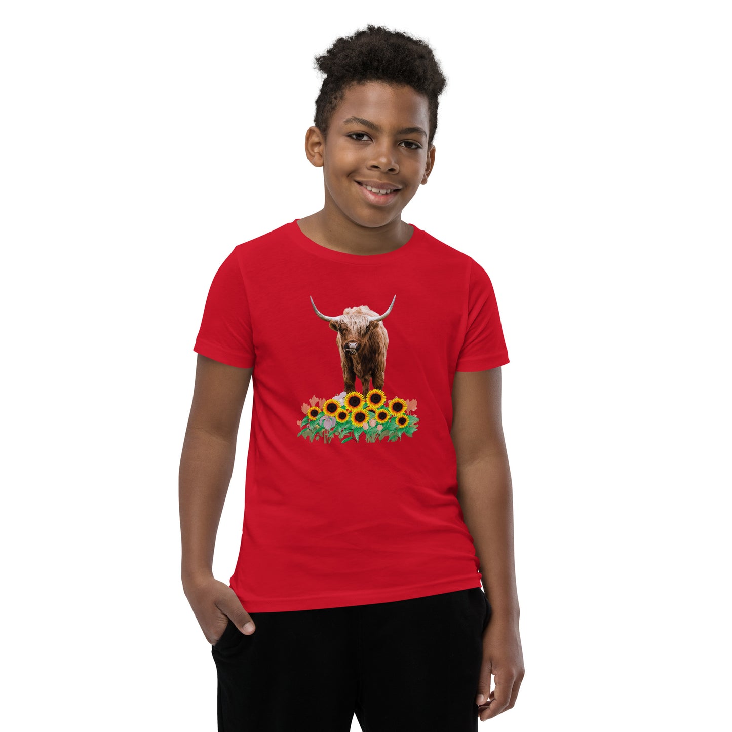 Young and Trendy: Stand Out with Highland Cow in Sunflower Field T-Shirts | Youth Short Sleeve T-Shirt