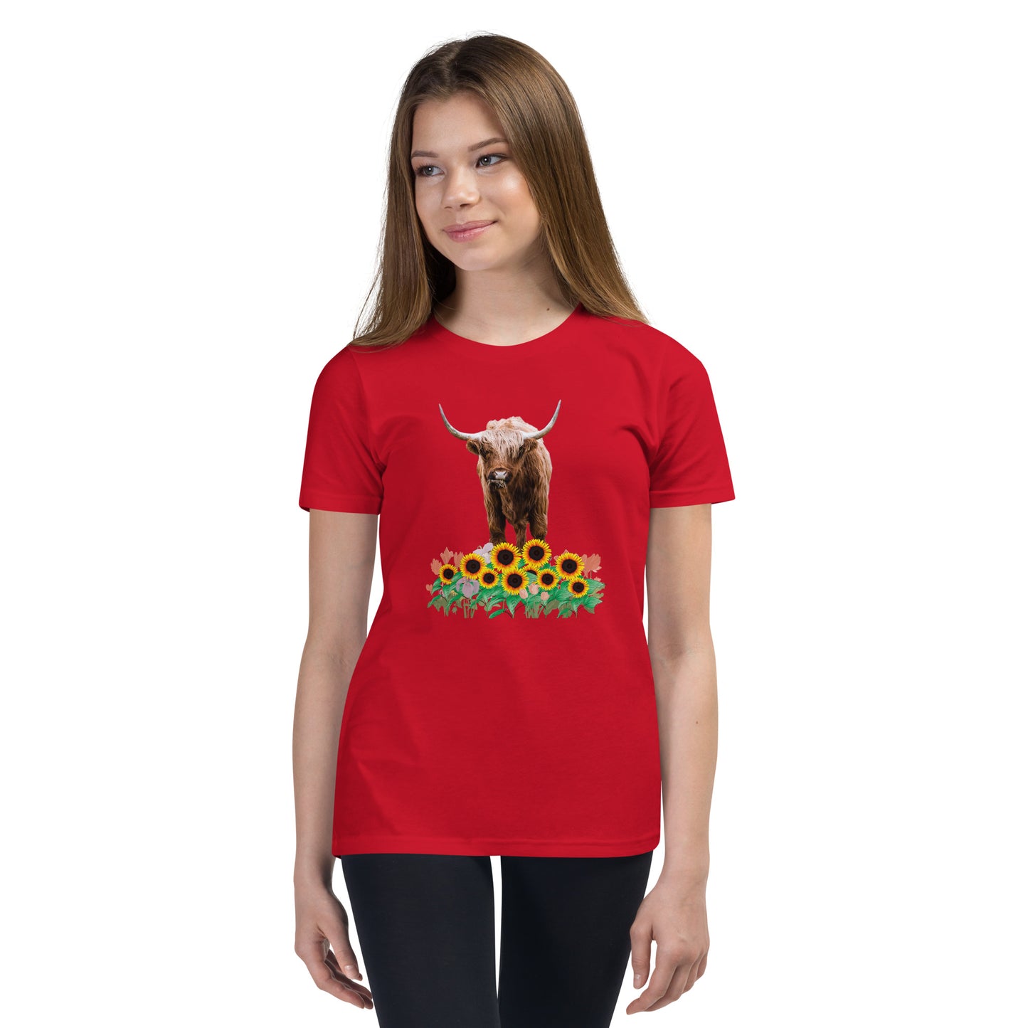 Young and Trendy: Stand Out with Highland Cow in Sunflower Field T-Shirts | Youth Short Sleeve T-Shirt