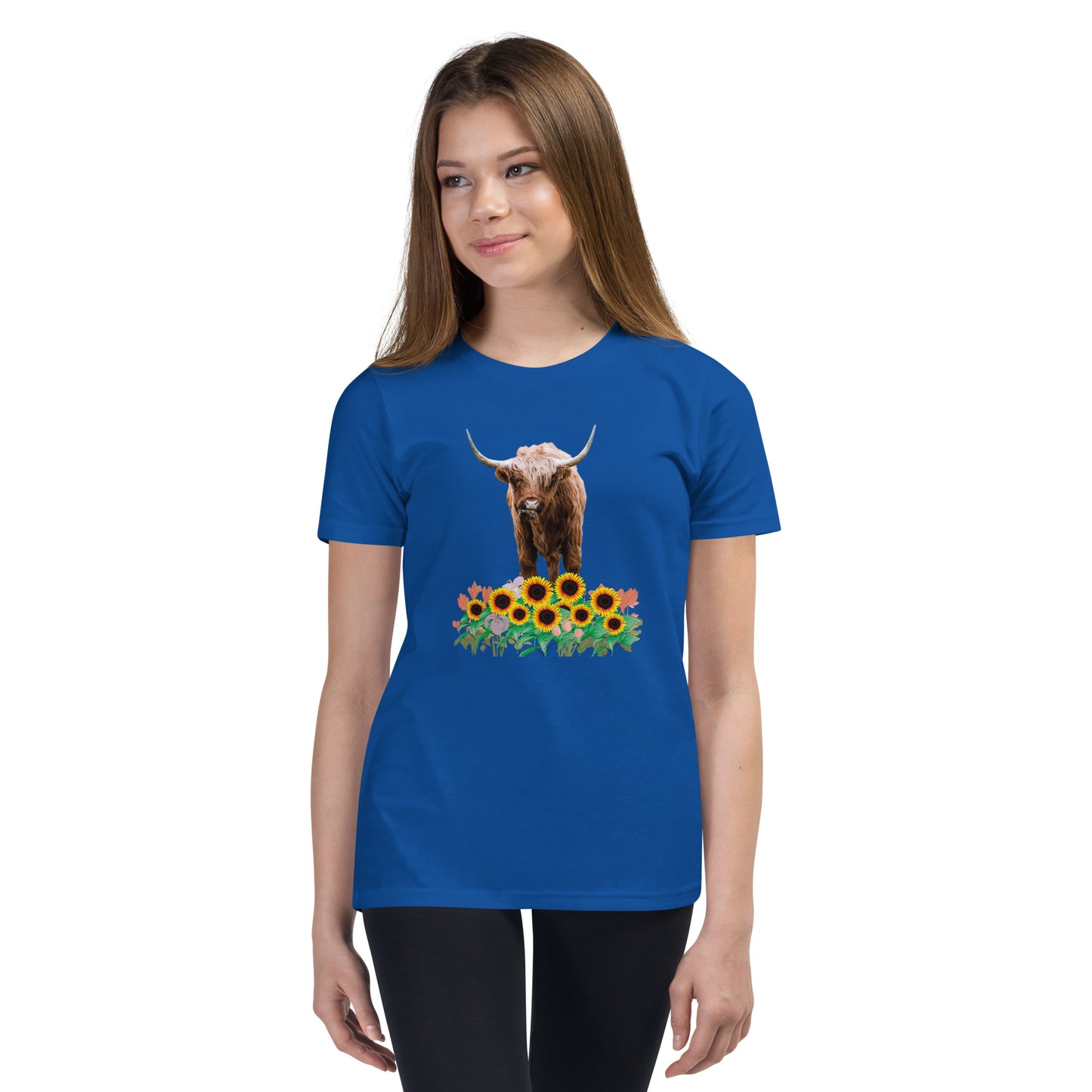 Young and Trendy: Stand Out with Highland Cow in Sunflower Field T-Shirts | Youth Short Sleeve T-Shirt