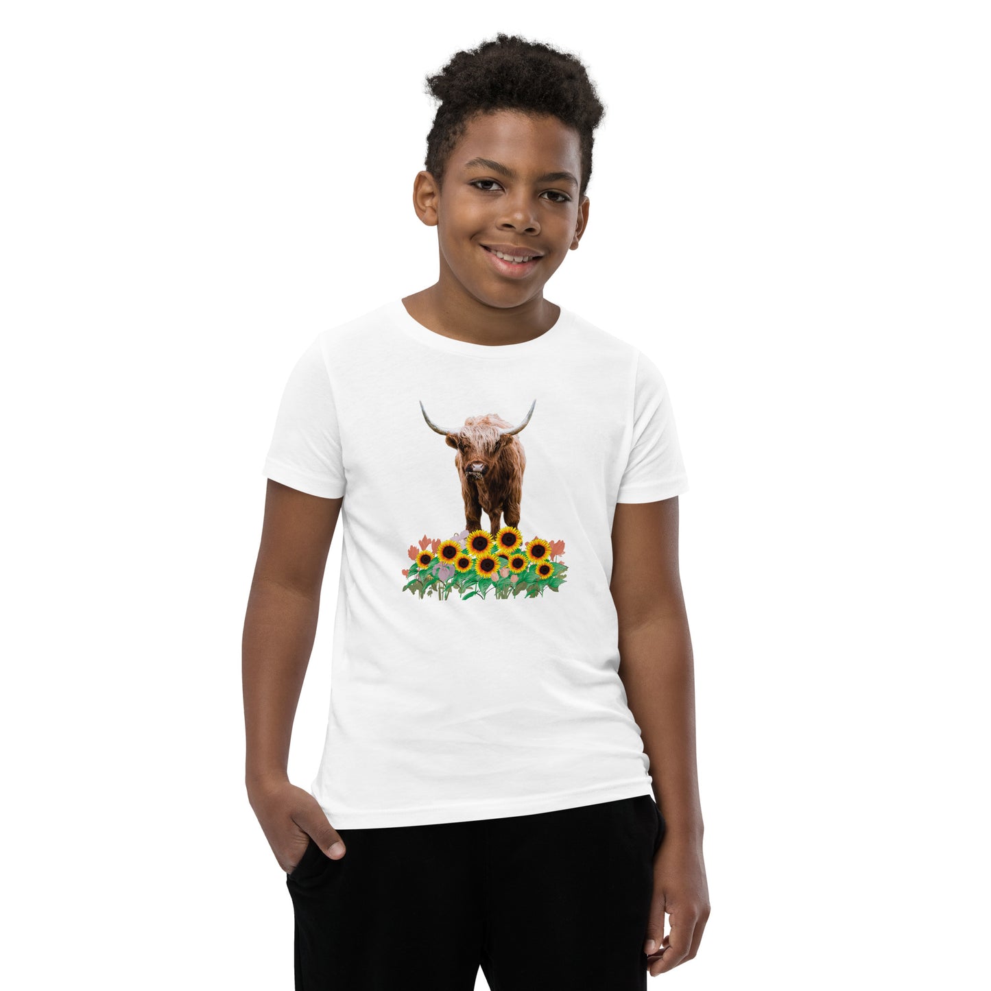 Young and Trendy: Stand Out with Highland Cow in Sunflower Field T-Shirts | Youth Short Sleeve T-Shirt