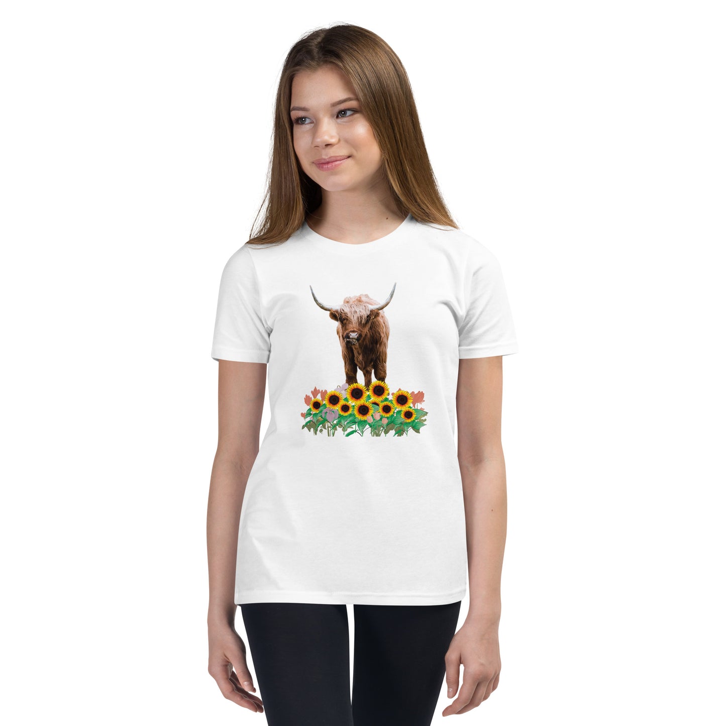 Young and Trendy: Stand Out with Highland Cow in Sunflower Field T-Shirts | Youth Short Sleeve T-Shirt