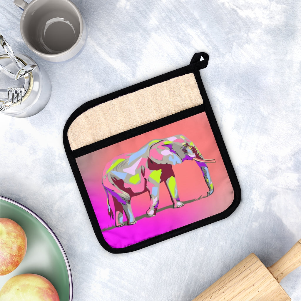Irresistible Elephant Pot Holder with Pocket - Multicolored Elephant on Pot Holder, Purple and Pink Pot Holder