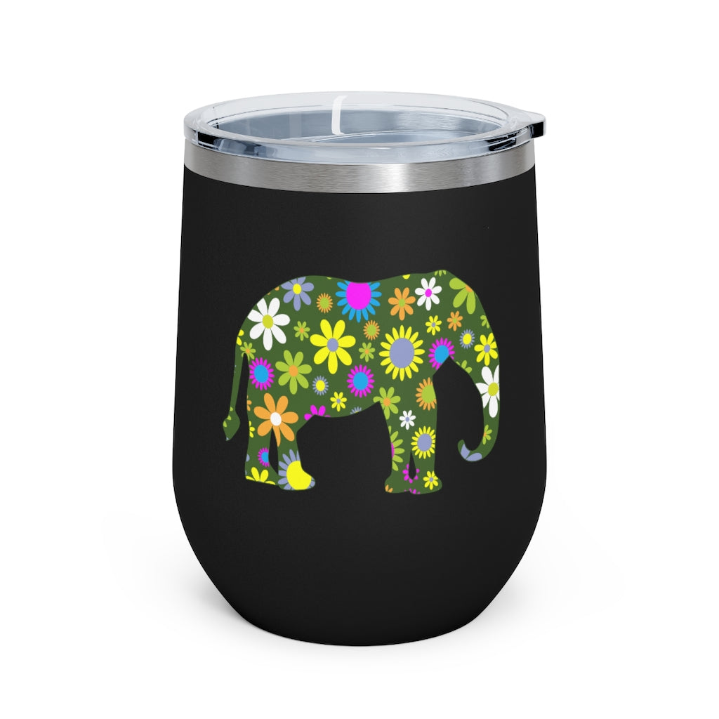 12oz Insulated Wine Tumbler with Retro Flowers Elephant
