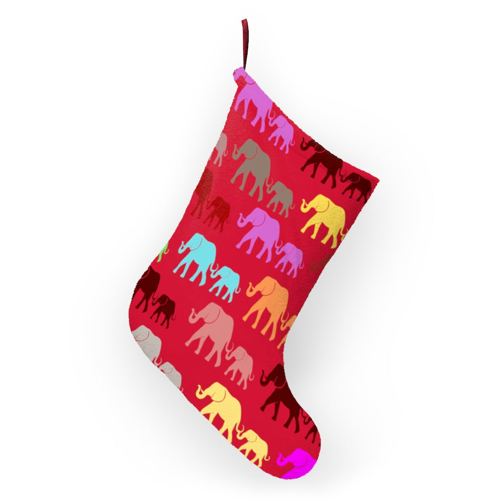Red Elephant Christmas Stocking - Elephant Family Walk with Colorful Elephants