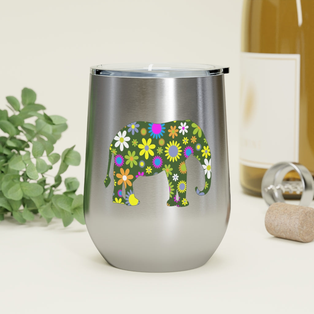 12oz Insulated Wine Tumbler with Retro Flowers Elephant