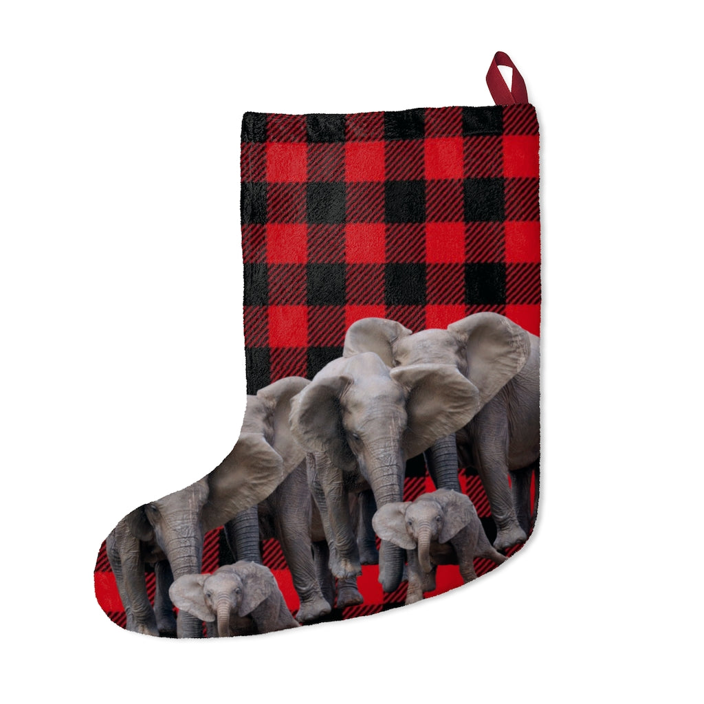 Red and Black Elephant Christmas Stocking - African Elephant Family on Buffalo Print Christmas Stocking