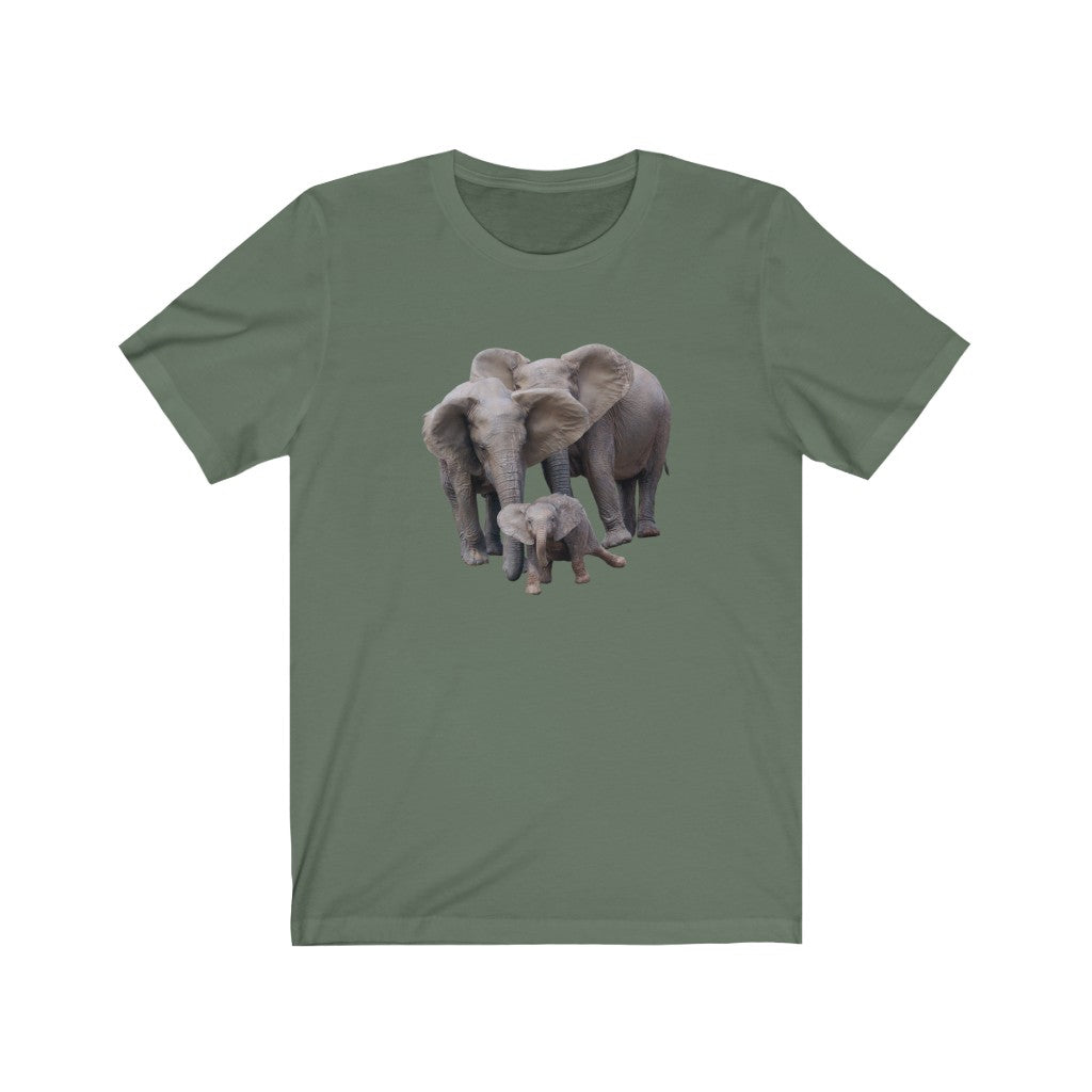 Unisex Jersey Short Sleeve Elephant Tee - Elephant Family on T Shirt along with Baby Elephant on Shirt