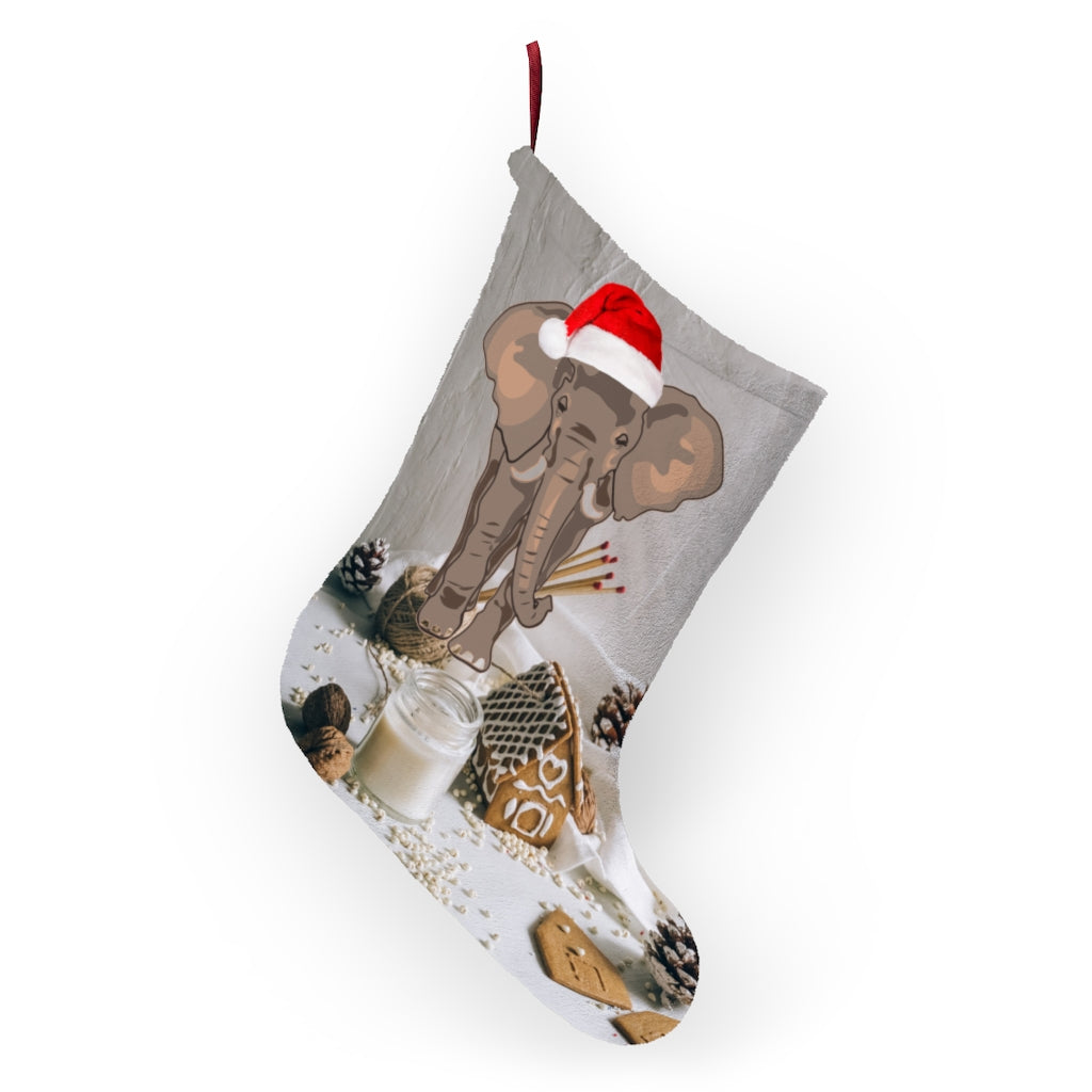 Cute Elephant Christmas Stocking - Christmas Stocking Elephant with Red Santa Hat, Elephants and Christmas Cookies on Christmas Stocking