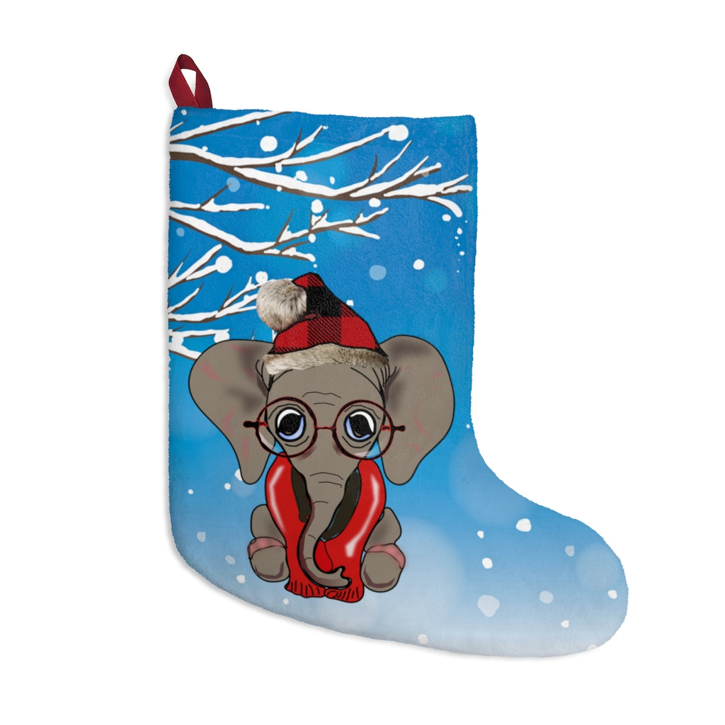 Blue Cozy Elephant Christmas Stocking - Adorable Elephant with Hat and Scarf on Christmas Stocking, Cute Elephant with Glasses