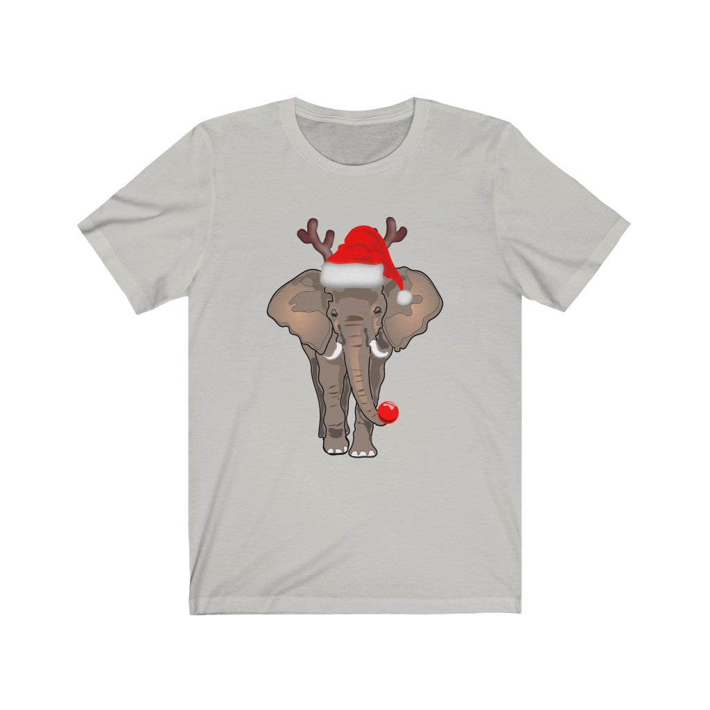 Women's Elephant Shirt, Men's Elephant Shirt, Unisex Short Sleeve Elephant Tee, Christmas Elephant Shirt with Red Santa Hat