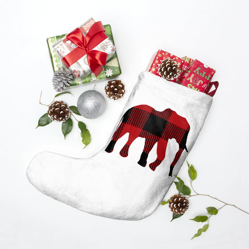 White Christmas Elephant Stocking Christmas Stocking with Elephant Buffalo Print, Red and Black Elephant on Christmas Stocking