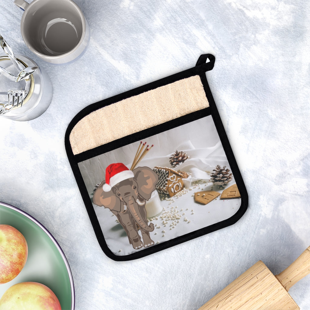 Elephant Pot Holder with Pocket - Christmas Elephant Pot Holder, Elephant with Christmas Hat on Pot Holder, Polyester Elephant Pot Holder, Made in USA