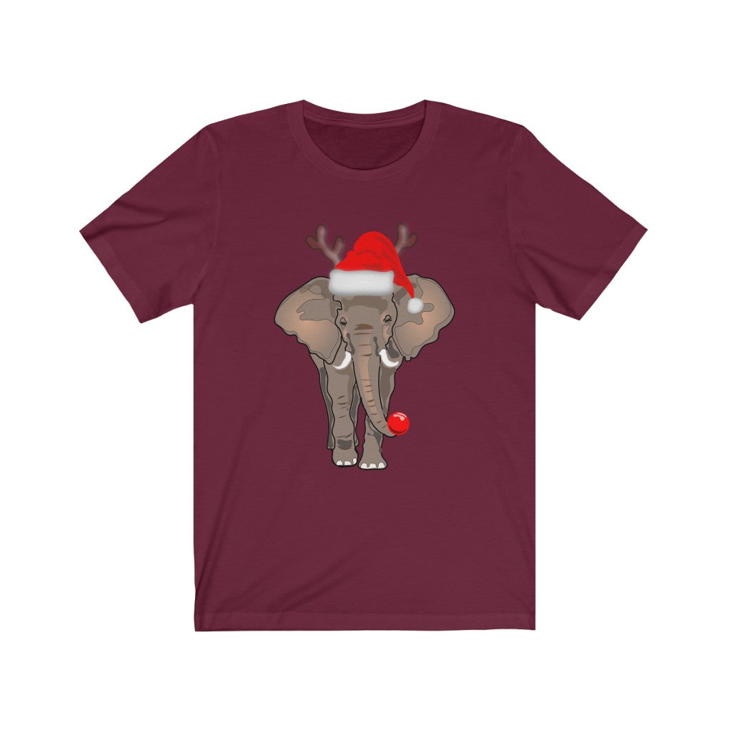 Women's Elephant Shirt, Men's Elephant Shirt, Unisex Short Sleeve Elephant Tee, Christmas Elephant Shirt with Red Santa Hat
