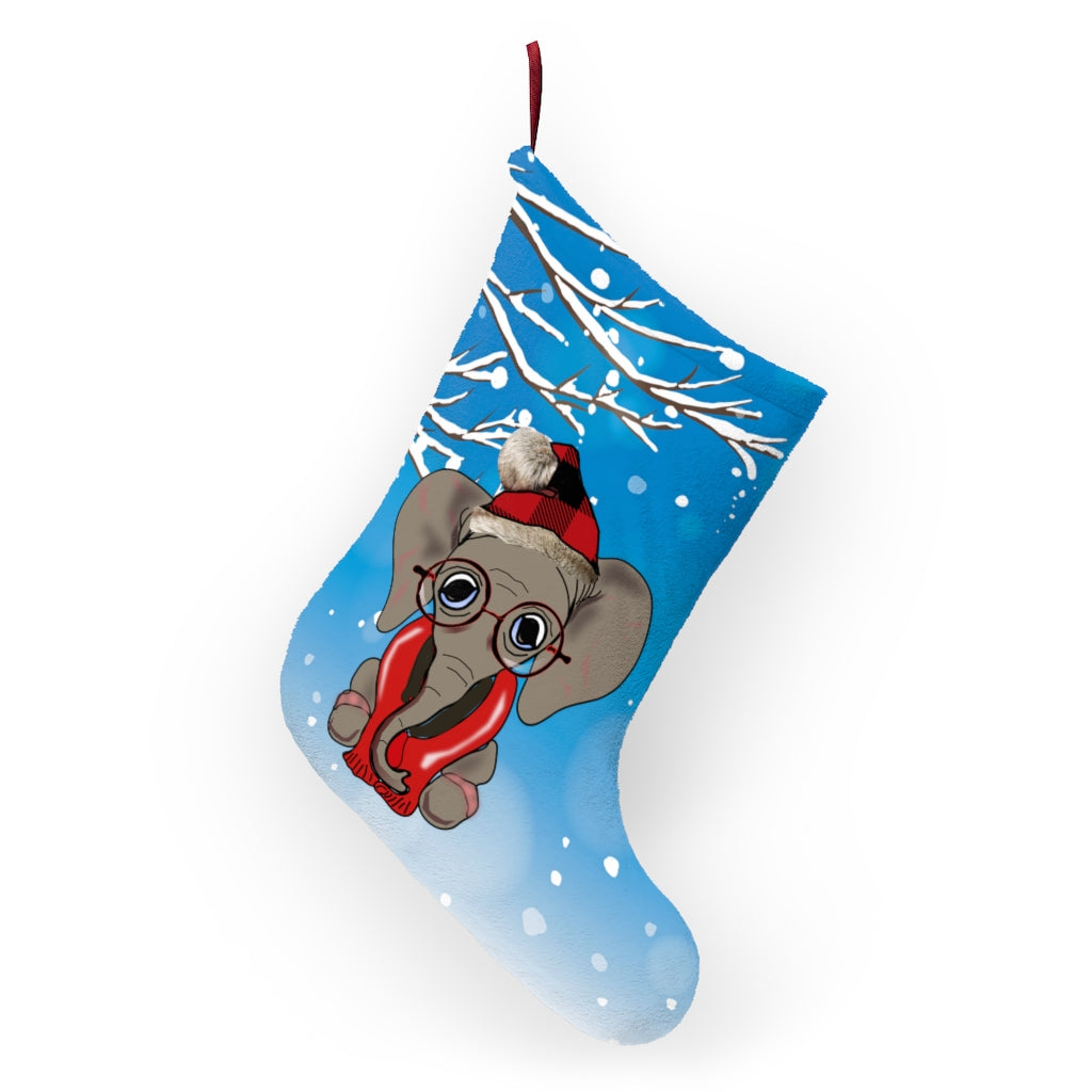 Blue Cozy Elephant Christmas Stocking - Adorable Elephant with Hat and Scarf on Christmas Stocking, Cute Elephant with Glasses