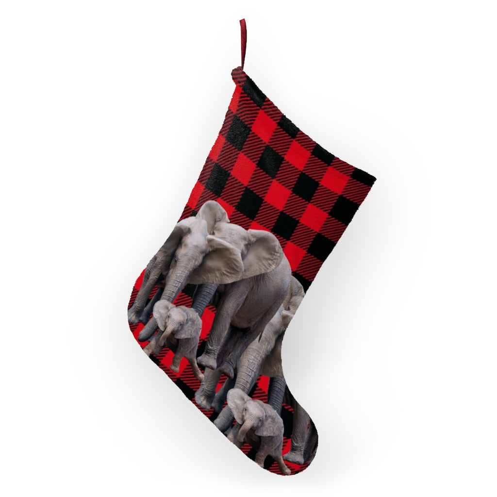 Red and Black Elephant Christmas Stocking - African Elephant Family on Buffalo Print Christmas Stocking