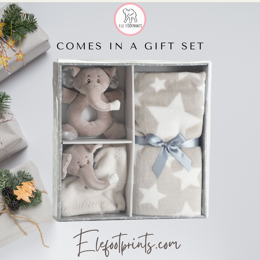 Adorable Elephant Gift Set for Baby - Plush Elephant Rattle, Elephant Security Blanket, Fleece Elephant Blanket all in a GIFT BOX