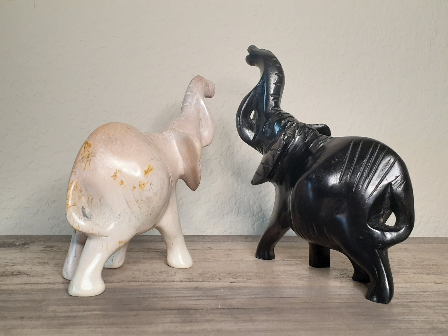 Beautiful Elephant Soapstone Sculptures - White and Black Elephants