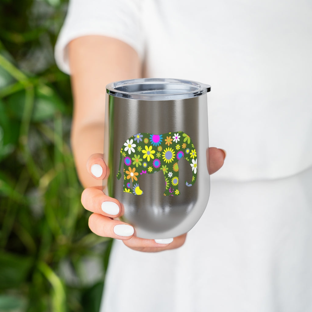 12oz Insulated Elephant Wine Tumbler with Retro Flowers