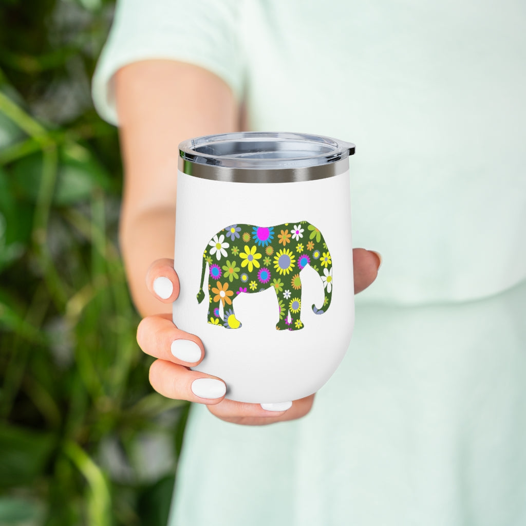 12oz Insulated Wine Tumbler with Retro Flowers Elephant