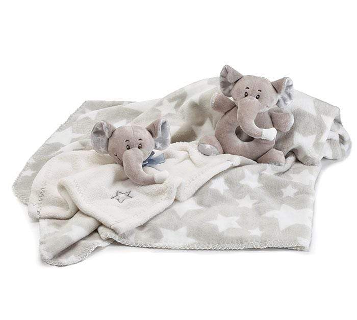 Adorable Stuffed Elephant Gift Set for Baby - Plush Elephant Rattle, Elephant Security Blanket, Fleece Elephant Blanket all in a GIFT BOX