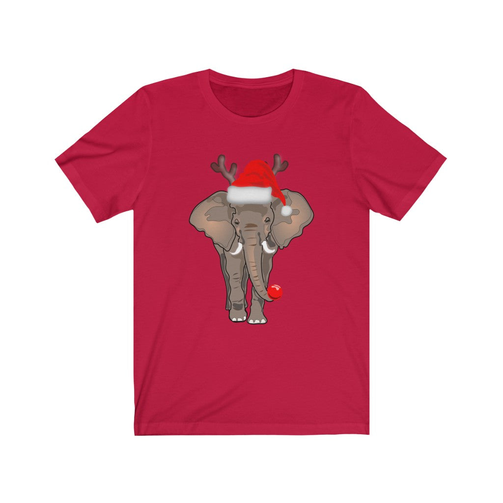 Women's Elephant Shirt, Men's Elephant Shirt, Unisex Short Sleeve Elephant Tee, Christmas Elephant Shirt with Red Santa Hat