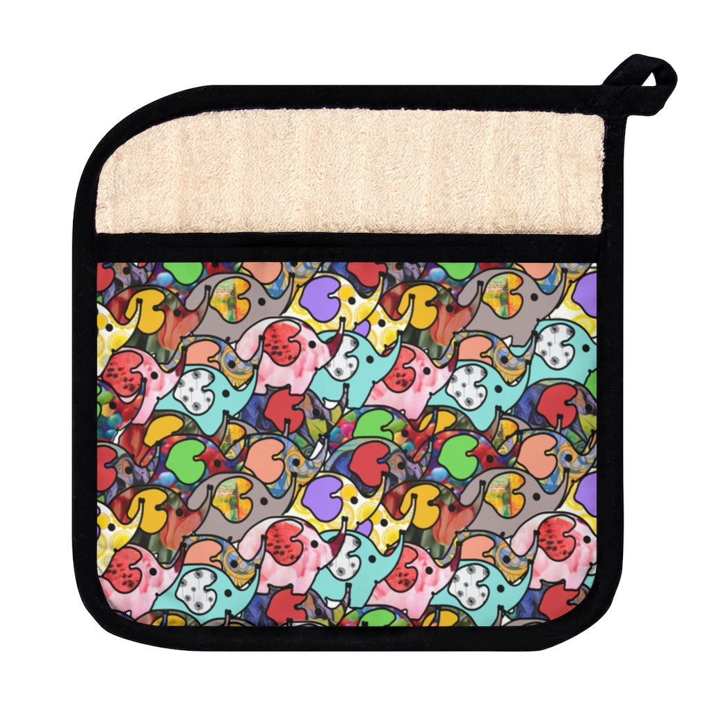 Elephant Gathering Pot Holder with Pocket - Multicolored Elephants on a Kitchen Pot Holder