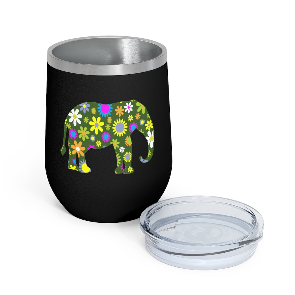 12oz Insulated Wine Tumbler with Retro Flowers Elephant